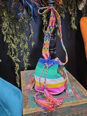 Bright Multicolor Crochet Bucket Crossbody Bag - Casual Shoulder Bag